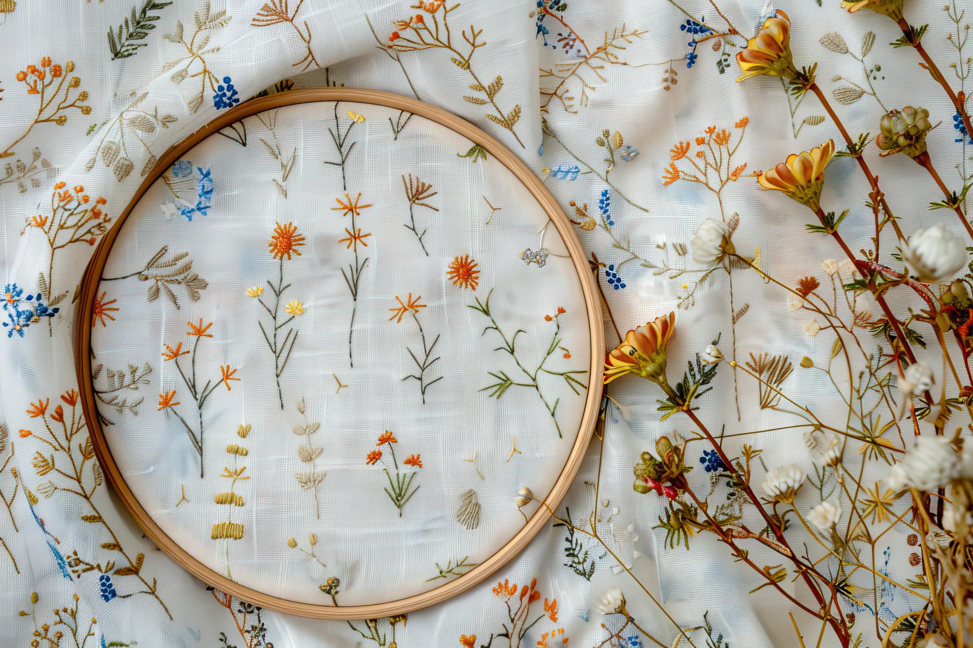 Linen napkin with simple botanical embroidery